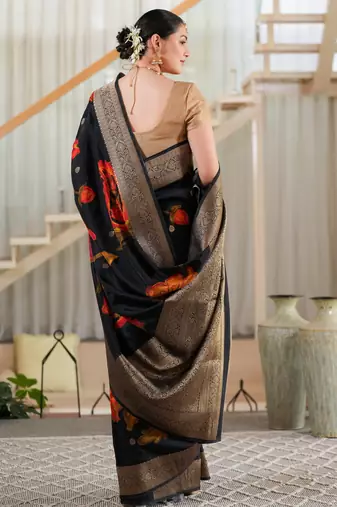hema tussar with flower print hand embroidery