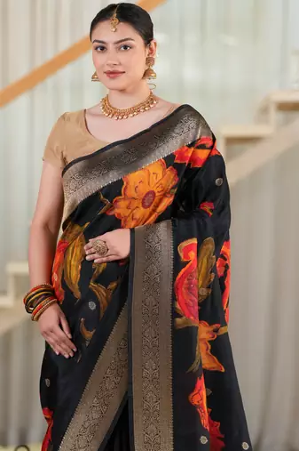 hema tussar with flower print hand embroidery