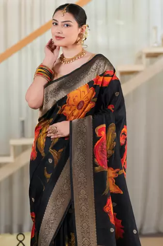 hema tussar with flower print hand embroidery