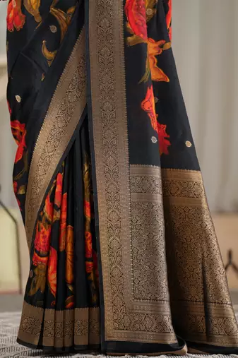 hema tussar with flower print hand embroidery