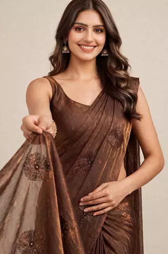 Premium satin saree with coffee bead flower  butti work