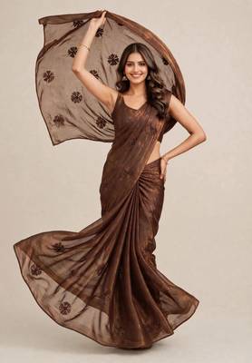 Premium satin saree with coffee bead flower  butti work 1