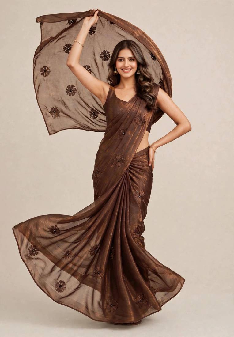 Premium satin saree with coffee bead flower  butti work
