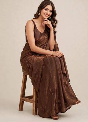 Premium satin saree with coffee bead flower  butti work 4
