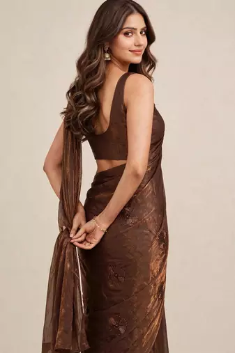Premium satin saree with coffee bead flower  butti work