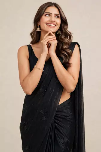 Luxury satin saree with coffee bead flower butti work