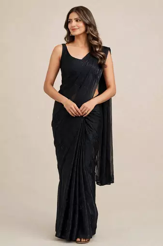 Luxury satin saree with coffee bead flower butti work