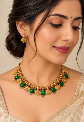 Green gold-plated festive necklace set 1