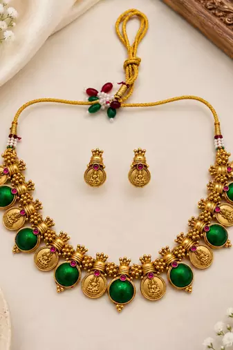 Green gold-plated festive necklace set