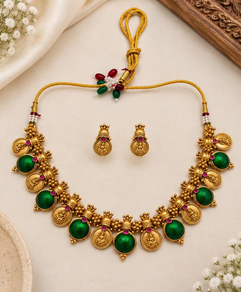 Green gold-plated festive necklace set