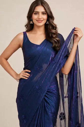 Partywear satin saree with coffee bead floral butti work