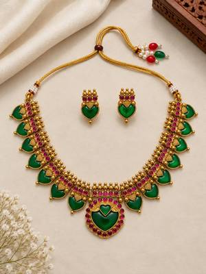 Green gold-plated ethnic necklace set 2