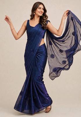 Partywear satin saree with coffee bead floral butti work 1