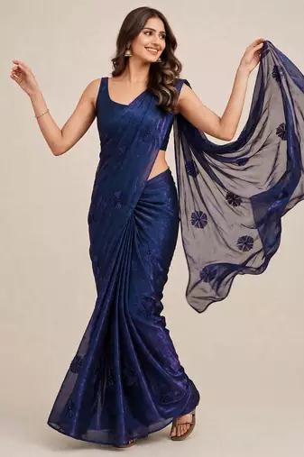 Partywear satin saree with coffee bead floral butti work