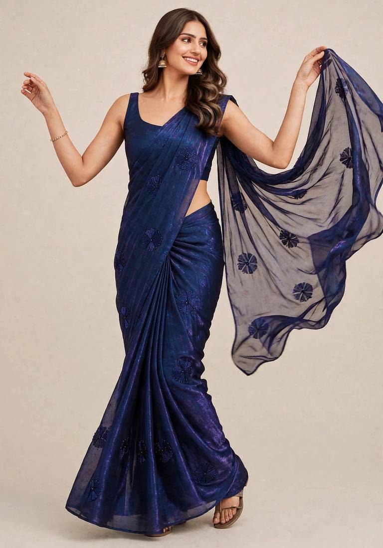 Partywear satin saree with coffee bead floral butti work