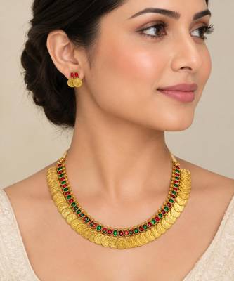 Multicolor gold-plated coin statement necklace set 1