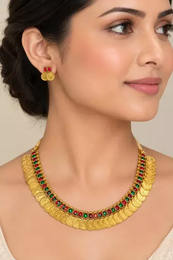 Multicolor gold-plated coin statement necklace set