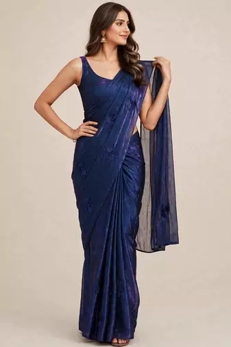 Partywear satin saree with coffee bead floral butti work