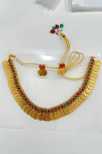 Multicolor gold-plated coin statement necklace set