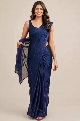Partywear satin saree with coffee bead floral butti work