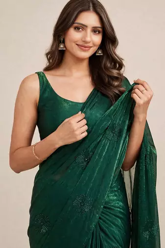 Stylish satin saree with coffee bead floral butti work