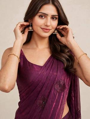 Premium satin saree with intricate coffee bead floral work 2