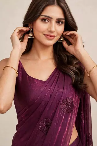 Premium satin saree with intricate coffee bead floral work