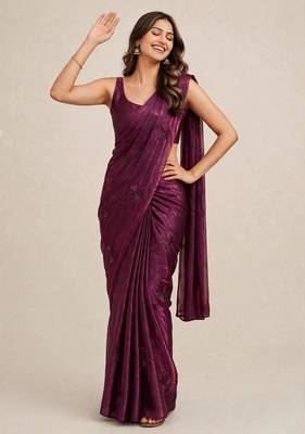 Premium satin saree with intricate coffee bead floral work 1
