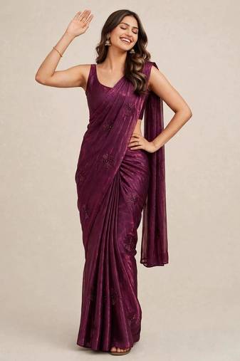 Premium satin saree with intricate coffee bead floral work