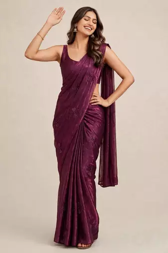Premium satin saree with intricate coffee bead floral work