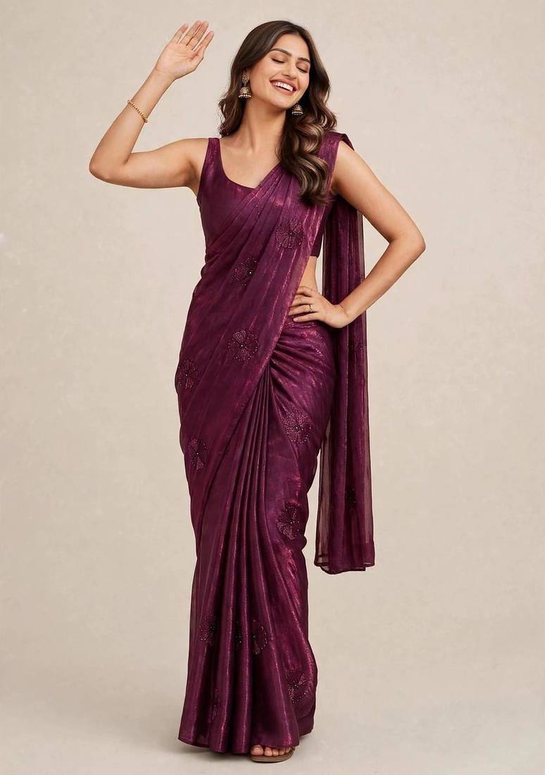 Premium satin saree with intricate coffee bead floral work