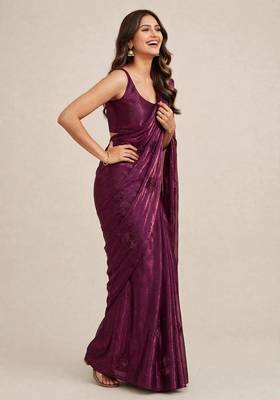 Premium satin saree with intricate coffee bead floral work 4