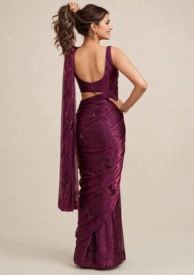 Premium satin saree with intricate coffee bead floral work 5