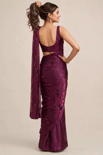 Premium satin saree with intricate coffee bead floral work