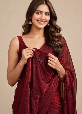Designer satin saree with elegant coffee bead butti work 2