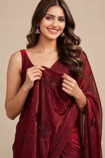 Designer satin saree with elegant coffee bead butti work