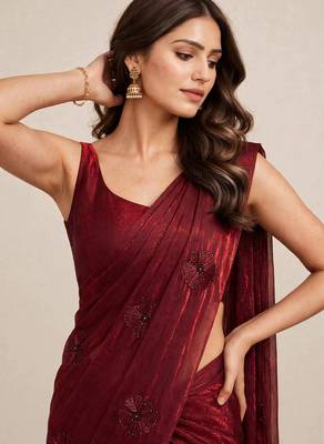 Designer satin saree with elegant coffee bead butti work 3