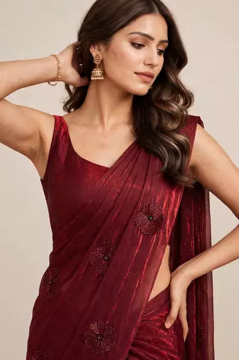 Designer satin saree with elegant coffee bead butti work