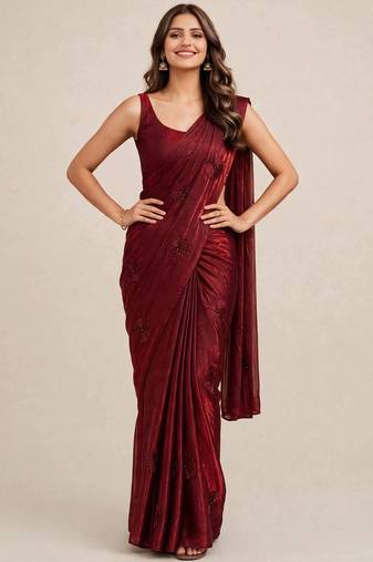 Designer satin saree with elegant coffee bead butti work