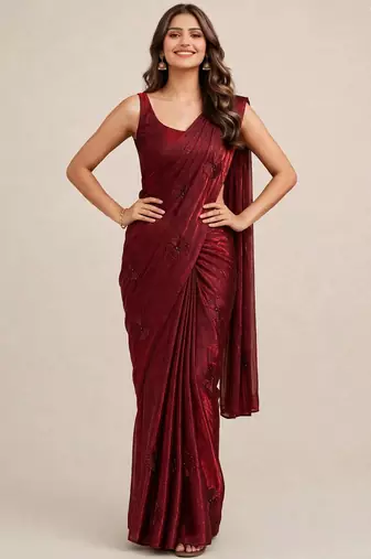 Designer satin saree with elegant coffee bead butti work