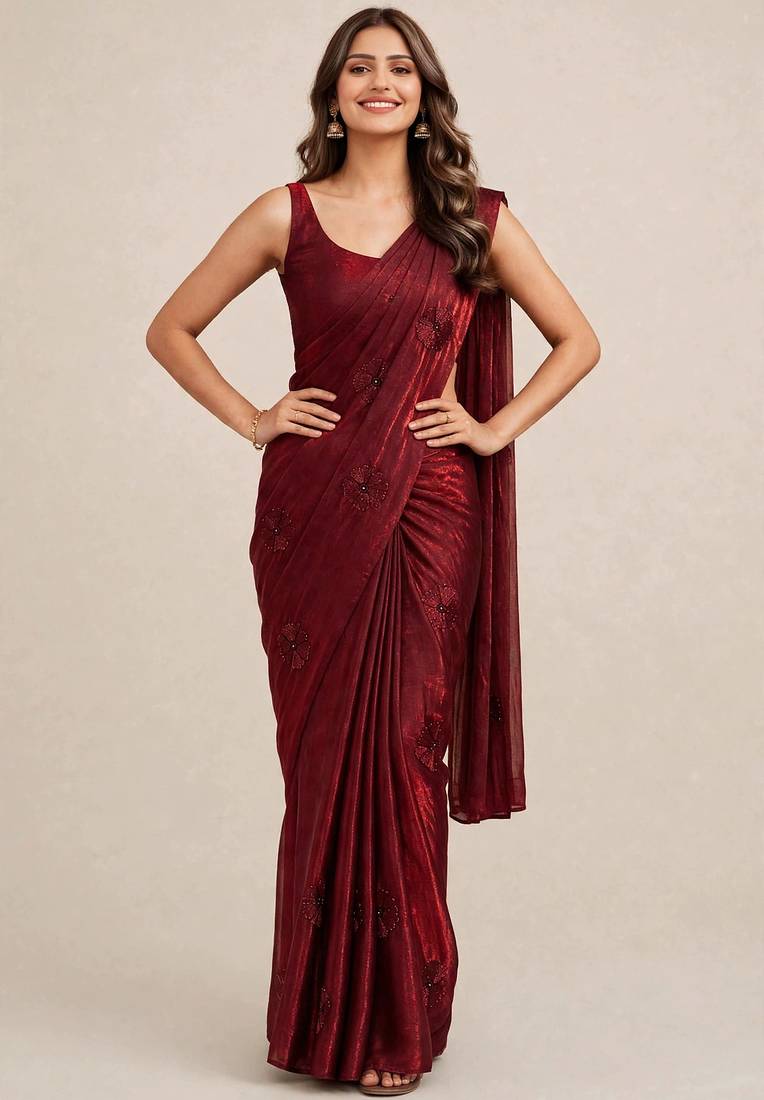 Designer satin saree with elegant coffee bead butti work