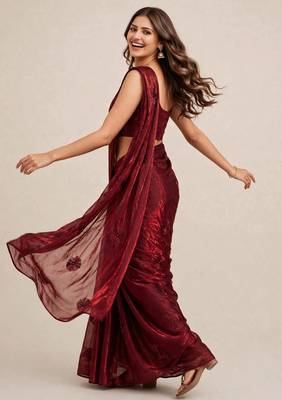 Designer satin saree with elegant coffee bead butti work 4