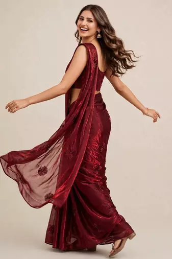 Designer satin saree with elegant coffee bead butti work