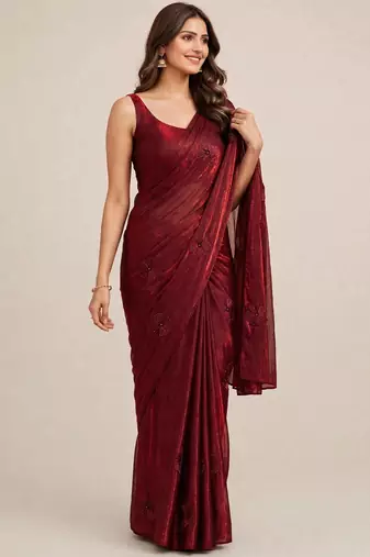 Designer satin saree with elegant coffee bead butti work