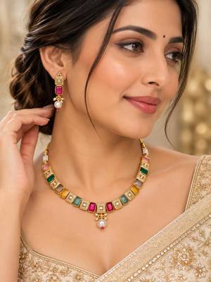 Multicolor gold-plated festive necklace set 1