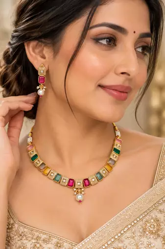 Multicolor gold-plated festive necklace set