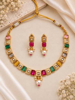 Multicolor gold-plated festive necklace set 2