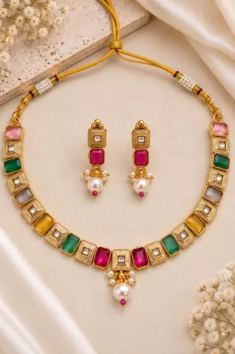 Multicolor gold-plated festive necklace set
