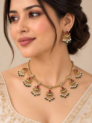 Ruby gold-plated traditional necklace set 1