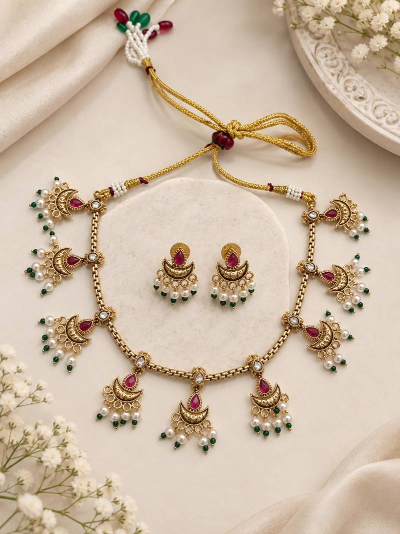 Ruby gold-plated traditional necklace set